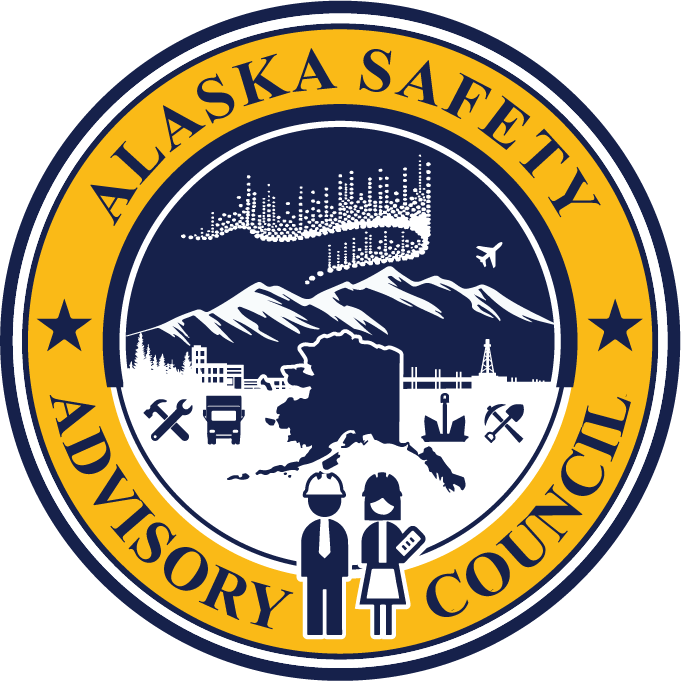 Seal of the Alaska Safety Advisory Council. Circle with two safety professionals surrounded by icons representing the industries active in Alaska.